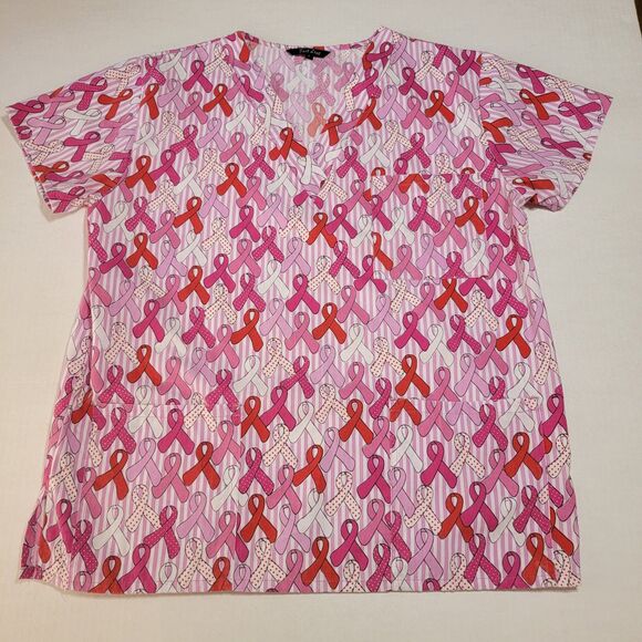 Just Love Awareness Ribbons Pink Striped Scrub Top - Size Large - Picture 1 of 3